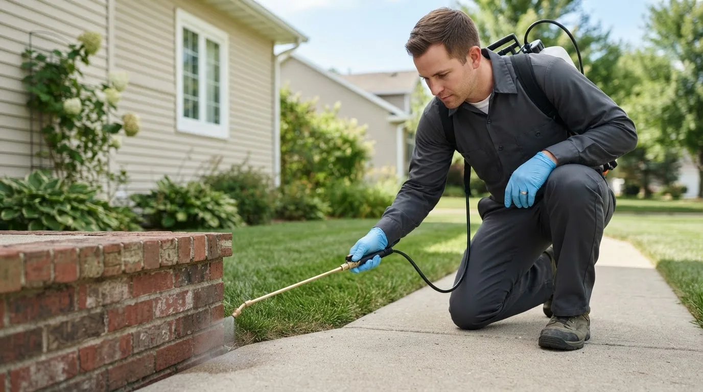 Pest control technician treating a home near Vermillion, SD